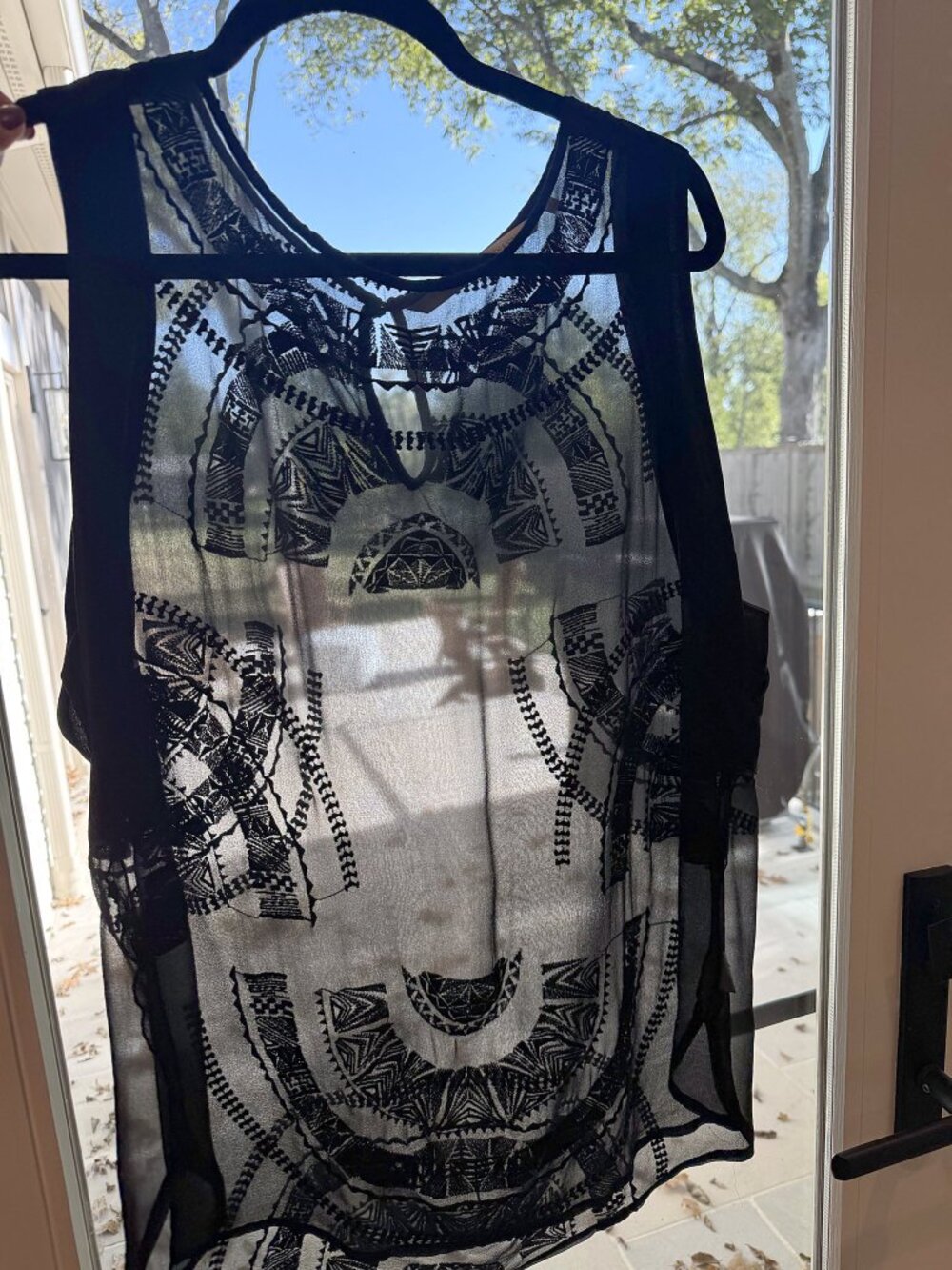 Twelfth Street by Cynthia Vincent Black Sheer Embroidered Sleeveless Top Size L